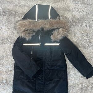 Black Hooded Coat with Faux Fur Trim